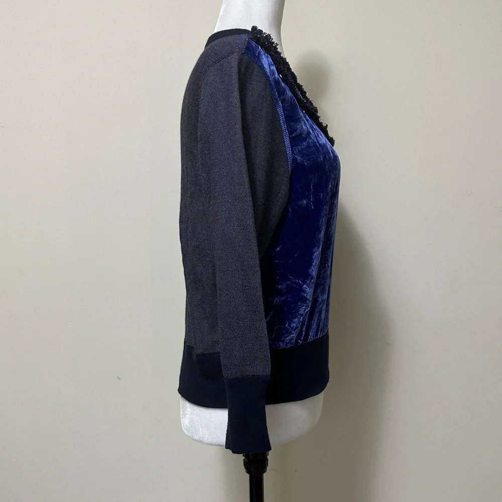 J Crew Black Label Blue Crush Velvet Beads Silver Tinsel Fringe Pullover Top S/M - Picture 9 of 15